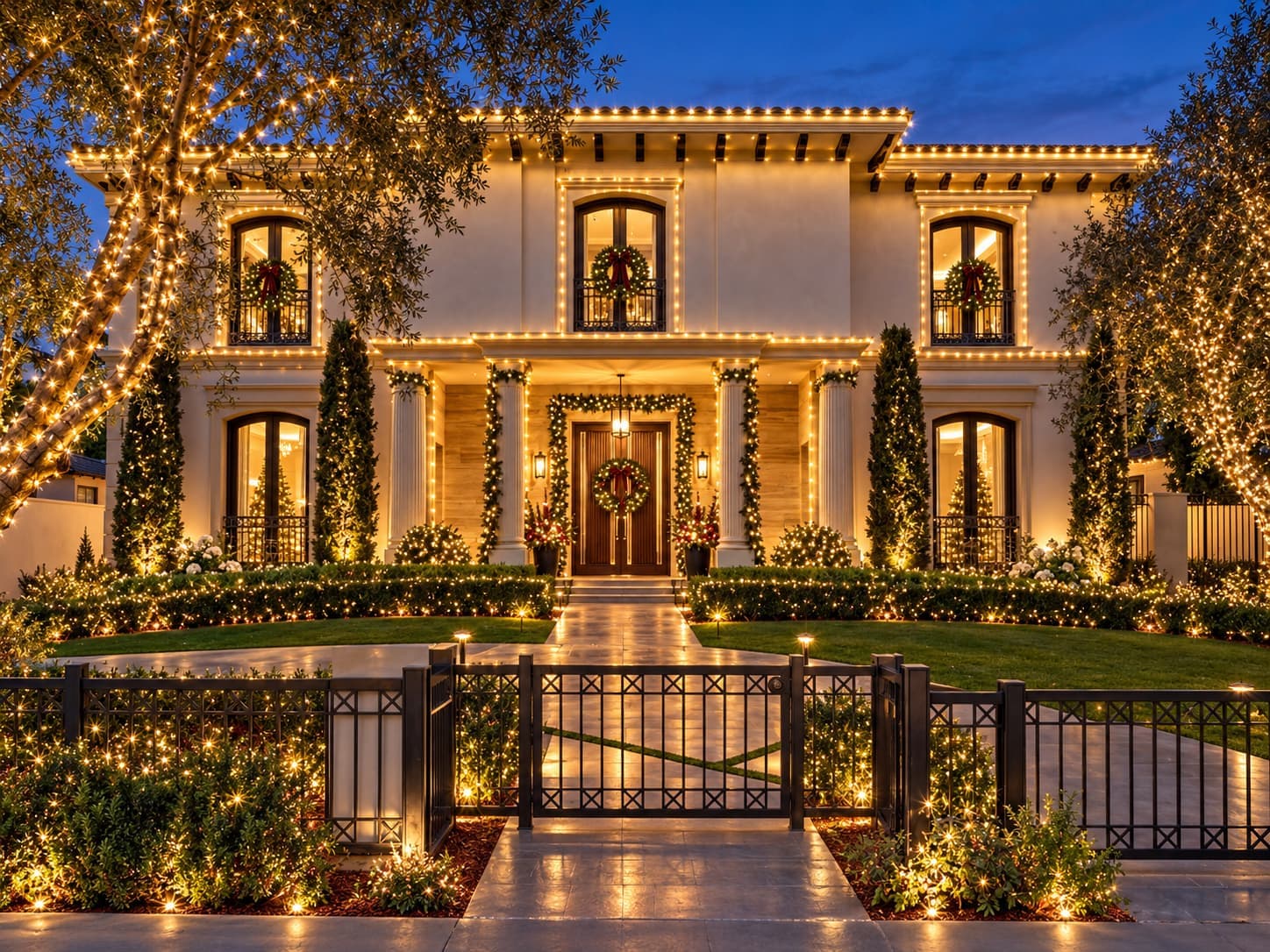 Conceptual design visualization of a Christmas-lit house front, with warm lights along the roofline, wreaths in the windows and on the door, and a lit walkway.