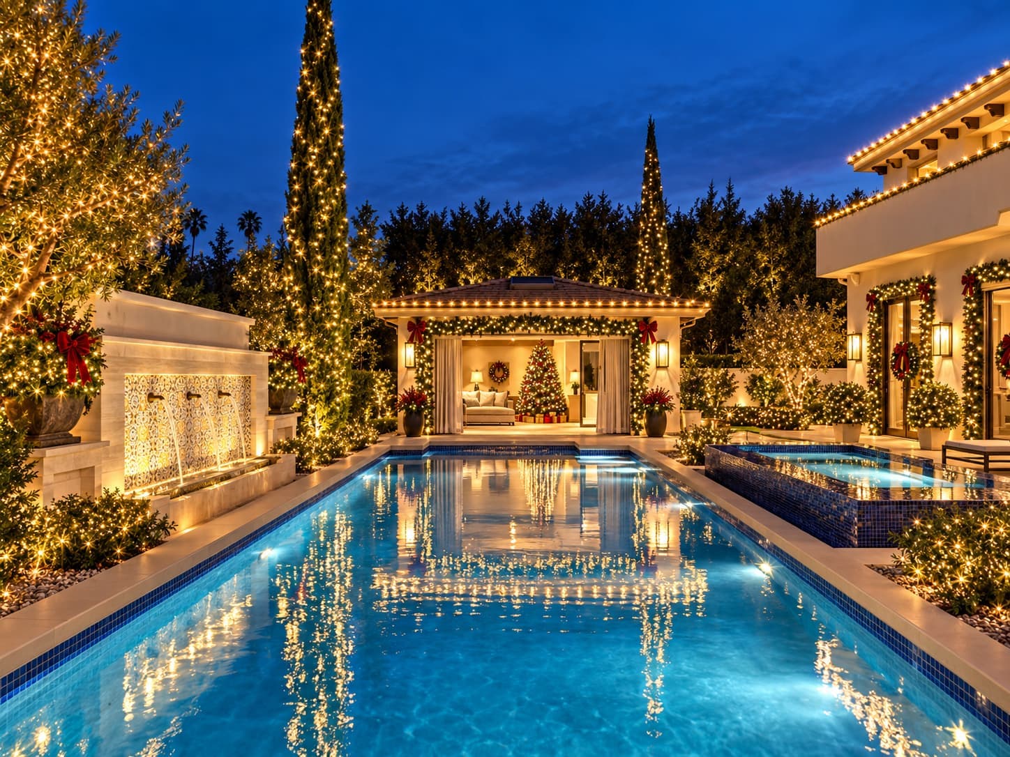 Conceptual design visualization of a Christmas-lit backyard, with a pool, wrapped trees, and a lit pool house.