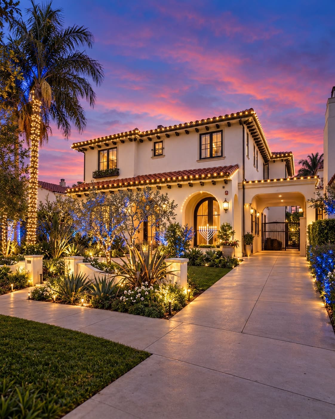 Conceptual design visualization of a Chanukah-lit house front, with warm roofline lights, blue landscape lighting, and a menorah in the window.